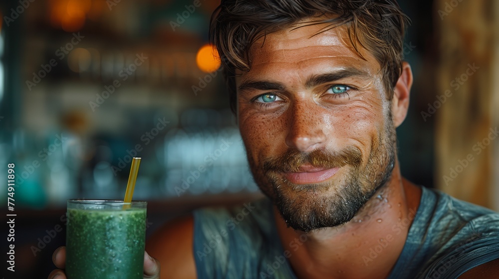 Muscular bodybuilder sipping green smoothie through straw, showcasing strength and health in every gulp Muscular bodybuilder sipping green smoothie through straw, showcasing strength and health in every gulp