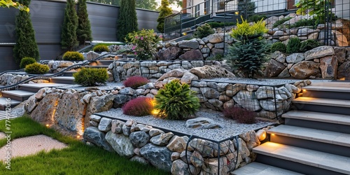 a modern terraced backyard on a slope with retaining walls of gabion baskets filled with stones, steps connecting different levels photo
