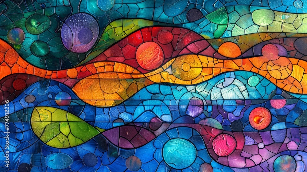A colorful stained glass painting of a fish and water, AI A colorful stained glass painting of a fish and water, AI