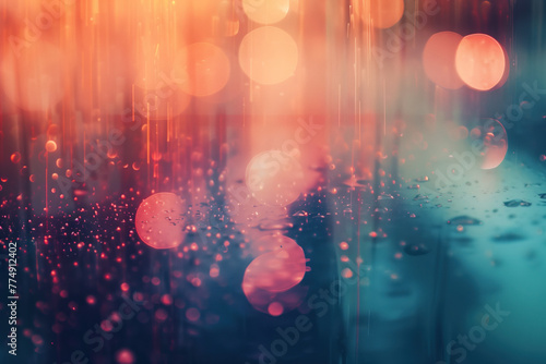 Abstract colorful background with water drops, lights and bokeh. Background image. Created with Generative AI technology. © Artem
