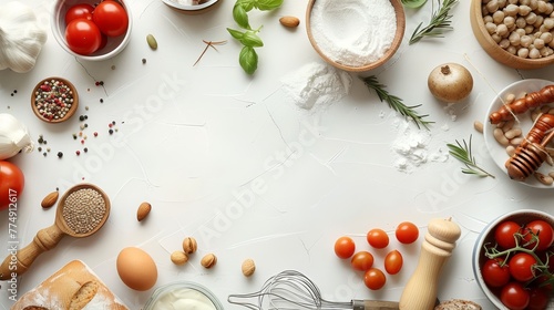 Bright top view cooking background on white with space for text, vivid colors, realistic style