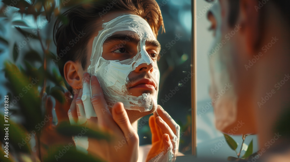 Concentrated man carefully applies a facial mask Concentrated man carefully applies a facial mask