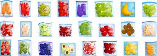 Frozen vegetables icons set cartoon vector. Vitamin product. Cooking recipe