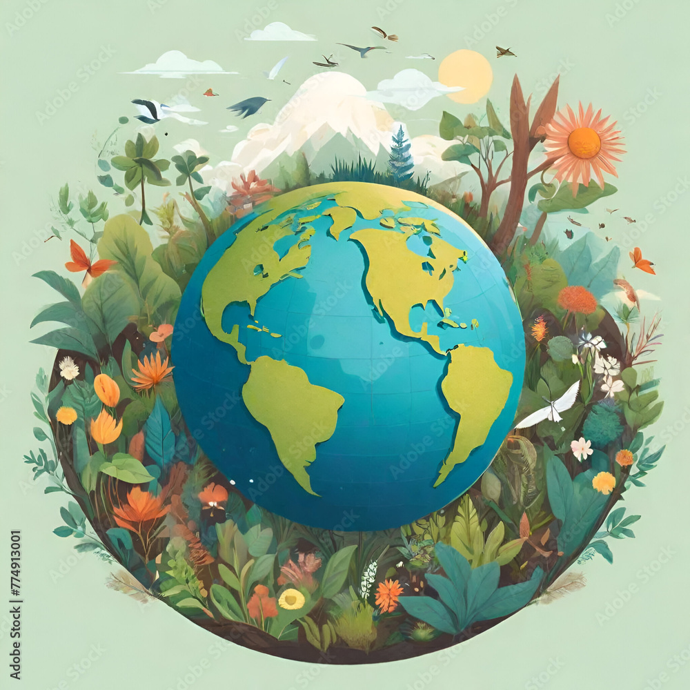 Naklejka premium A serene landscape with a globe at the center, surrounded by diverse flora and fauna