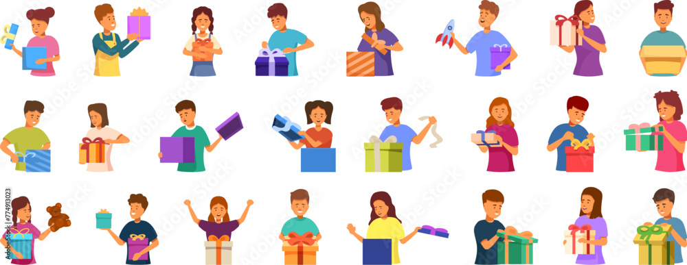 Children opening gifts icons set cartoon vector. Happy unpacking. Holiday unwrap
