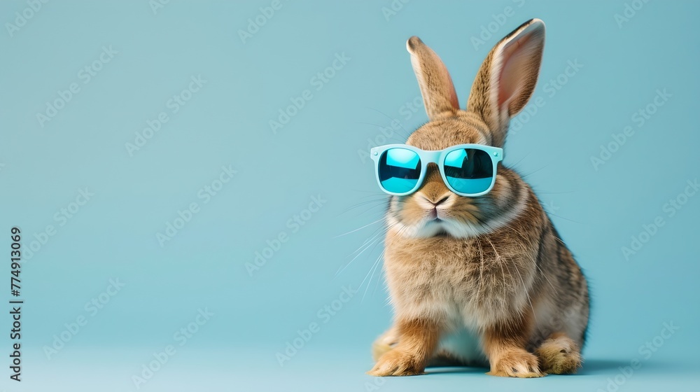 Cool Bunny with Sunglasses Posing on a Blue Background. Perfect for Modern Animal Concepts. Creative and Fun Image Style. Ideal for Lighthearted Projects. AI Cool Bunny with Sunglasses Posing on a Blue Background. Perfect for Modern Animal Concepts. Creative and Fun Image Style. Ideal for Lighthearted Projects. AI