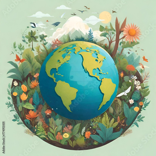 A serene landscape with a globe at the center  surrounded by diverse flora and fauna