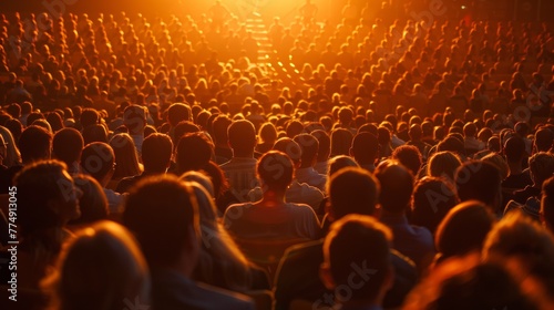 A large group of people sitting in a theater watching something, AI