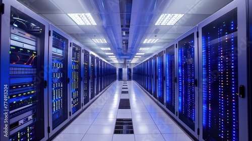 Modern data center room of high tech internet technology with rows of racks hardware. AI generated © atapdesain