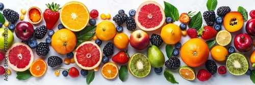 Colorful fruit background with copy space, top view stock photo on white background