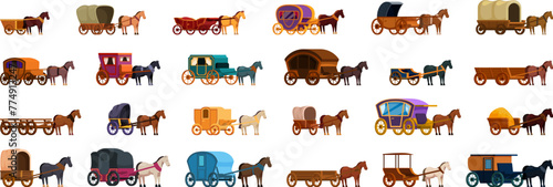 Horse vehicles icons set cartoon vector. Animal work. Wagon transportation