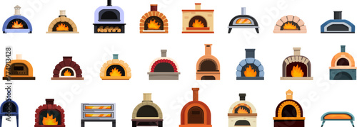 Pizza oven icons set cartoon vector. Italian restaurant. Traditional process photo