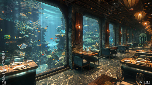 Underwater-themed restaurant with aquarium walls and marine decorup32K HD © Interior Stock Photo