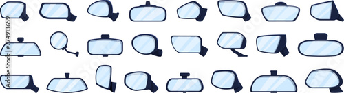 Rearview mirror icons set cartoon vector. Automobile behind. Auto transport