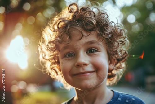 Portrait of a little boy with curly hair in the park.