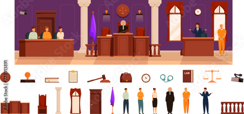 Trial courtroom icons set cartoon vector. Desk judge. Court room tribunal