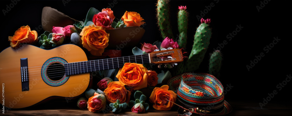 Guitar and cactus, cinco de mayo, Sombrero hat on black