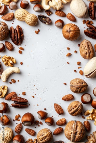 Assorted nuts background with copy space, top view photorealistic stock photo on white background