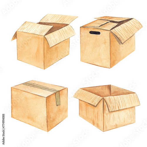 Watercolor moving brown carton boxes for transportation of furniture and time to move lettering isolated on white background