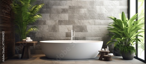 A modern bathroom featuring an elegant bathtub positioned near a large window offering a view of the outdoors