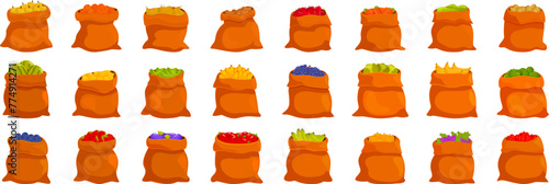 Sack fruit icons set cartoon vector. Fresh nature harvest. Grain crop