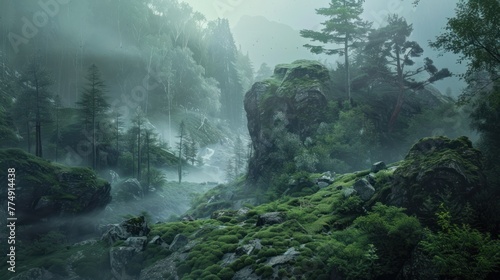 Beautiful misty mountain forest with river fog dark view landscape. AI generated image © atapdesain