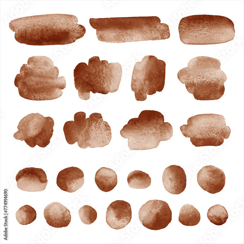 Coffee brown watercolor vector graphic elements set. Aquarelle brush strokes, smudges, gradient smears, oval watercolour shapes, doodle circles, paint spots, dots, round stains. Backgrounds collection