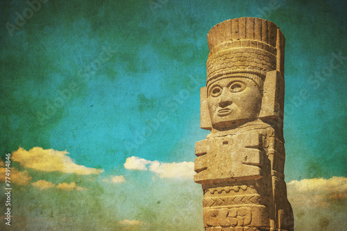 Vintage image of Toltec Warriors or Atlantes columns at Pyramid of Quetzalcoatl in Tula, Mexico.. photo