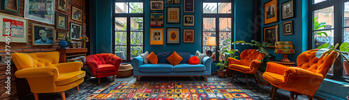 Quirky home office with colorful artwork and unconventional furniturehigh detailed photo
