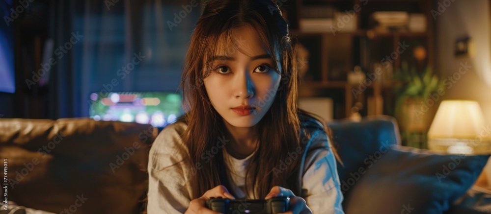 Girl playing video games in a living room