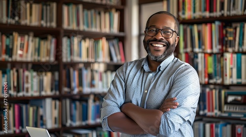 Confident Male Professional Smiling in a Library. Casual Style, Academic Setting. Portrait of an Approachable Expert Enjoying His Work Environment. AI