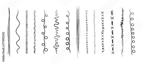 Set of wavy horizontal lines. Marker hand-drawn line border set and scribble design elements. Set of art brushes for pen. Hand drawn grunge brush strokes.