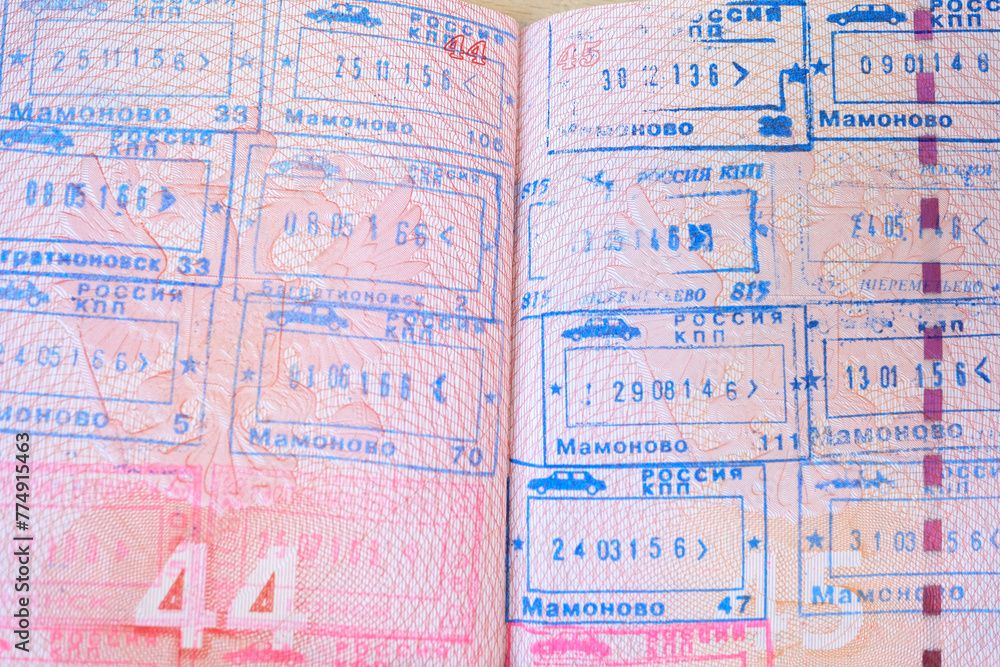 close up part of pages of foreign passport with foreign visas, border stamps, permits to enter countries, concept of traveling around the world, traveler's travel document