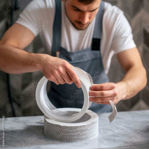 Plumber man fix repair service wraps fluoroplastic sealing material tape around faucet hose. Concept install plumbing in bathroom. photo