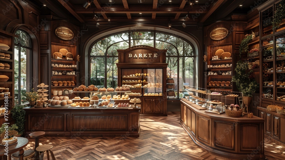 Inviting bakery with a display case full of treats and cozy seatingup32K HD