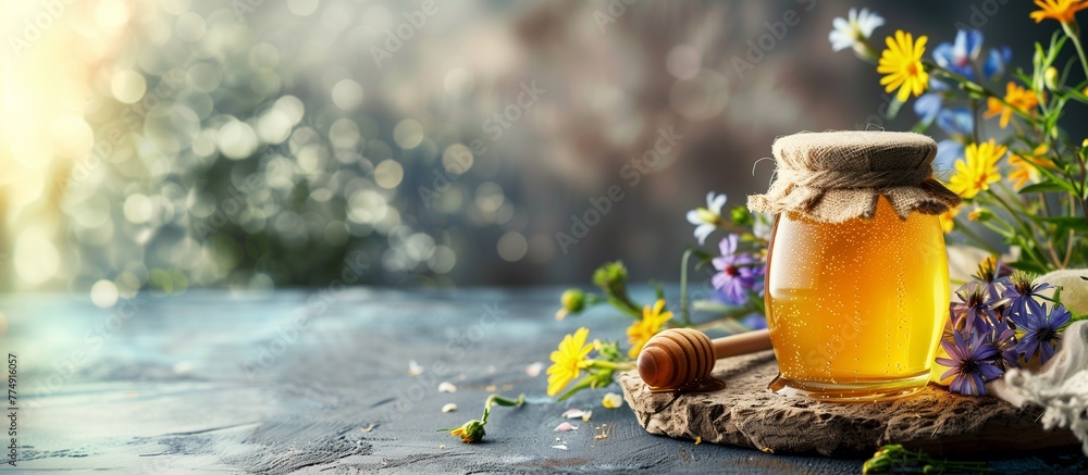 Fototapeta premium A banner with a jar of honey and flowers on a wooden table. Horizontal photo background with copy space.