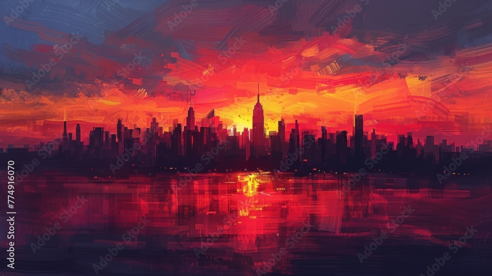 Fototapeta premium A dramatic skyline silhouetted against the fiery hues of a sunset, painted with bold strokes of oil colors.
