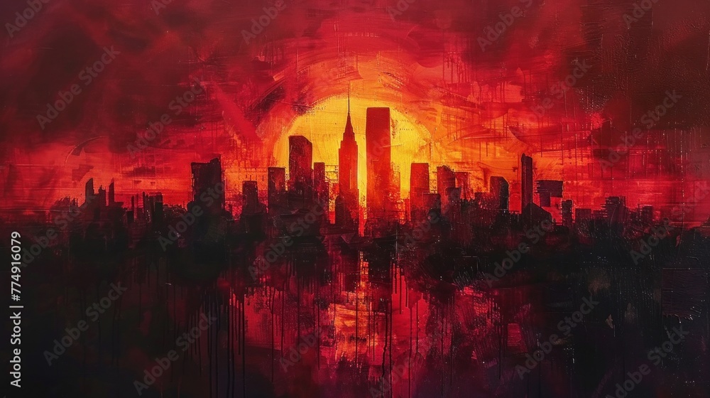 A dramatic skyline silhouetted against the fiery hues of a sunset, painted with bold strokes of oil colors. A dramatic skyline silhouetted against the fiery hues of a sunset, painted with bold strokes of oil colors.