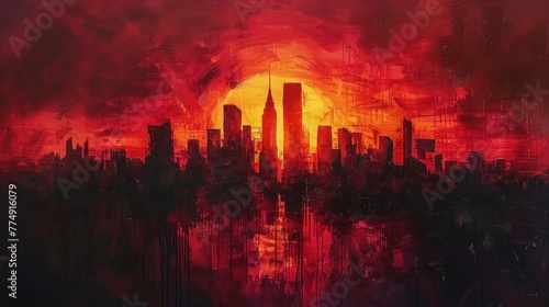 A dramatic skyline silhouetted against the fiery hues of a sunset  painted with bold strokes of oil colors.