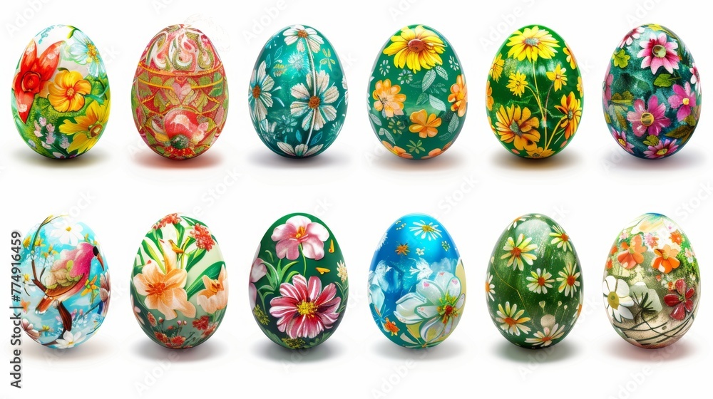 Collection of colourful hand painted decorated easter eggs on white background cutout file. Pattern and floral set. Many different design. Mockup template for artwork design Collection of colourful hand painted decorated easter eggs on white background cutout file. Pattern and floral set. Many different design. Mockup template for artwork design