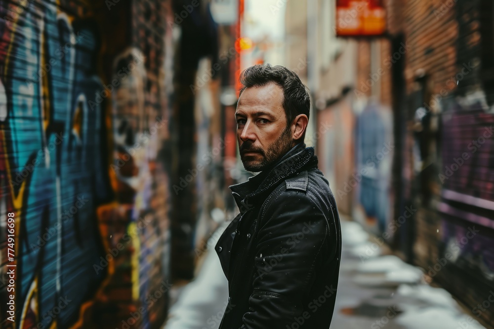 Portrait of a handsome man in a black leather jacket on a city street Portrait of a handsome man in a black leather jacket on a city street