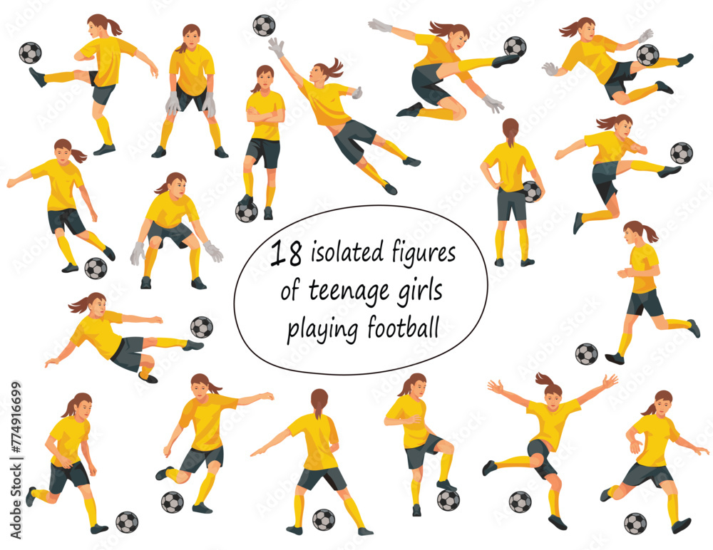 18 vector teenager figures of junior women's football players and goalkeepers in yellow sports uniform jumping, running, catching the ball