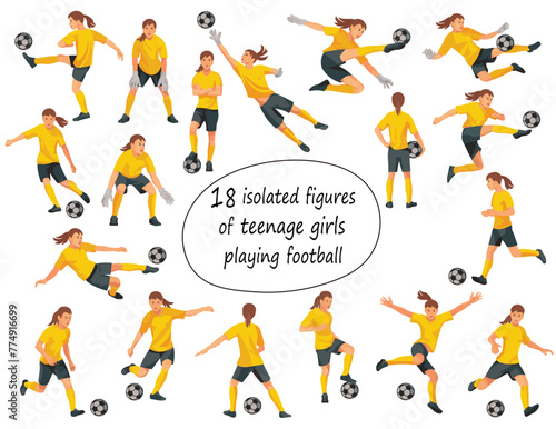 18 vector teenager figures of junior women s football players and goalkeepers in yellow sports uniform jumping  running  catching the ball