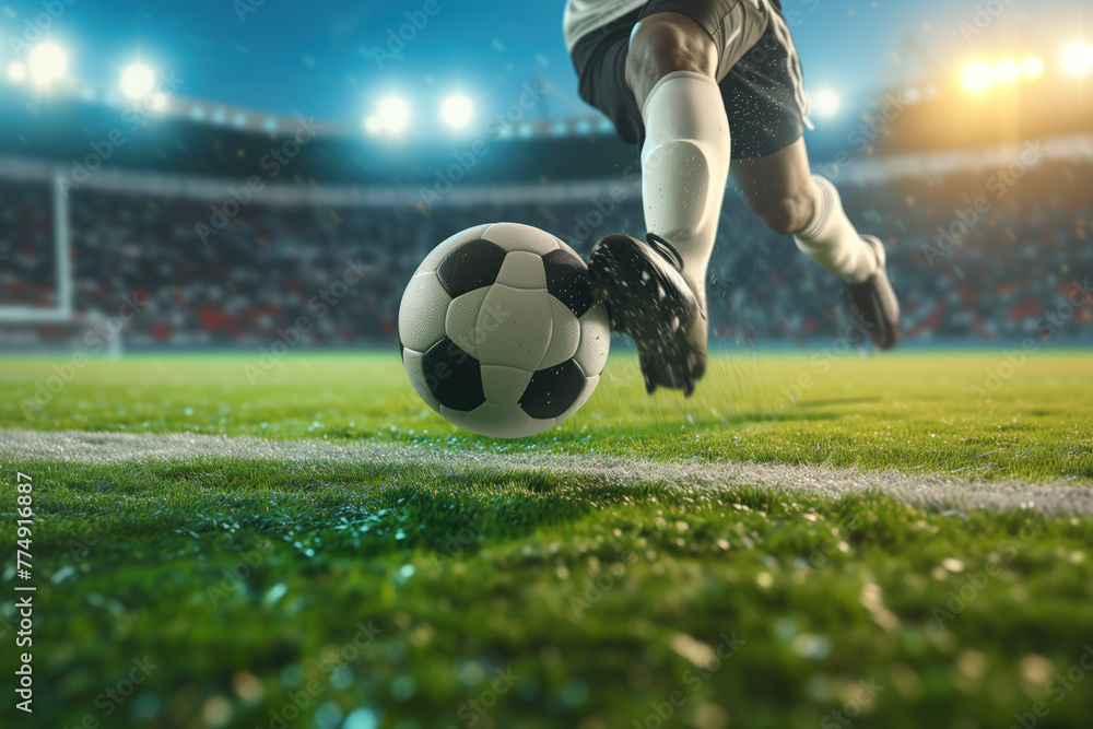 Football player hitting soccer ball against blurred stadium background. Generative AI