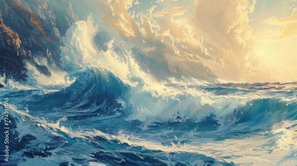 A dynamic seascape capturing the power and beauty of crashing waves against rugged cliffs, skillfully rendered with oil paints. - obrazy, fototapety, plakaty 