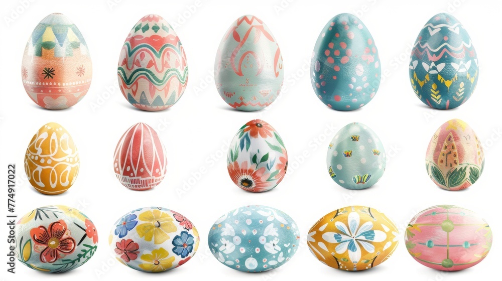 Collection of colourful hand painted decorated easter eggs on white background cutout file. Pattern and floral set. Many different design. Mockup template for artwork design Collection of colourful hand painted decorated easter eggs on white background cutout file. Pattern and floral set. Many different design. Mockup template for artwork design