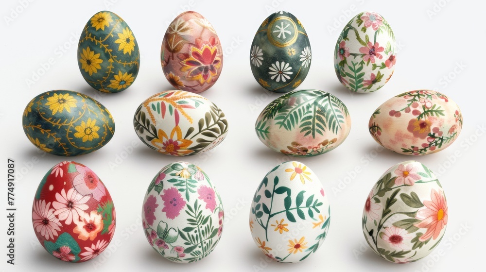 Collection of colourful hand painted decorated easter eggs on white background cutout file. Pattern and floral set. Many different design. Mockup template for artwork design