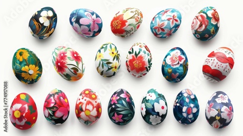 Collection of colourful hand painted decorated easter eggs on white background cutout file. Pattern and floral set. Many different design. Mockup template for artwork design © wudu_8