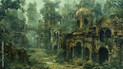 A hauntingly beautiful rendition of an abandoned cityscape, where nature reclaims its territory amidst crumbling ruins, depicted with oil paints. photo