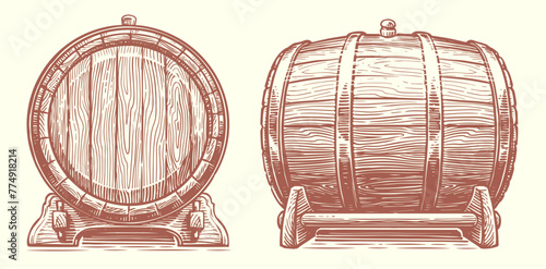 Oak barrel. Wooden cask, keg. Hand drawn sketch vector illustration